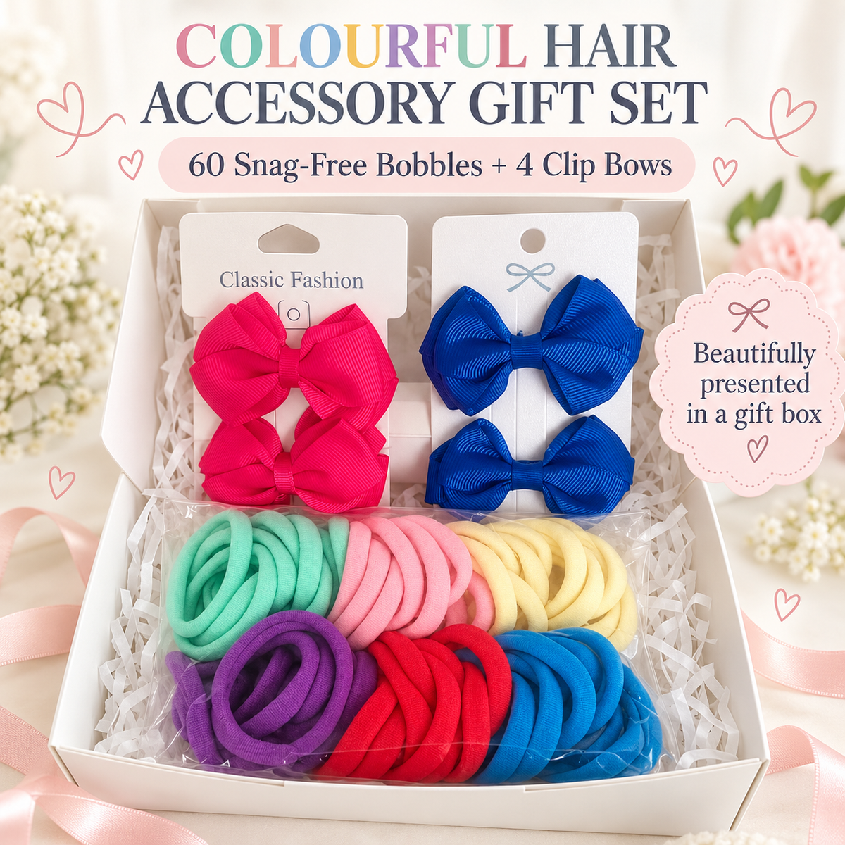 Colourful Hair Accessory Gift Set – 60 Snag-Free Bobbles & 4 Bow Clips