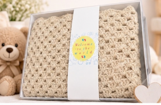 Beige Handmade Crochet Baby Blanket, Gift Boxed