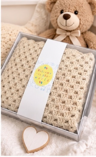 Beige Handmade Crochet Baby Blanket, Gift Boxed