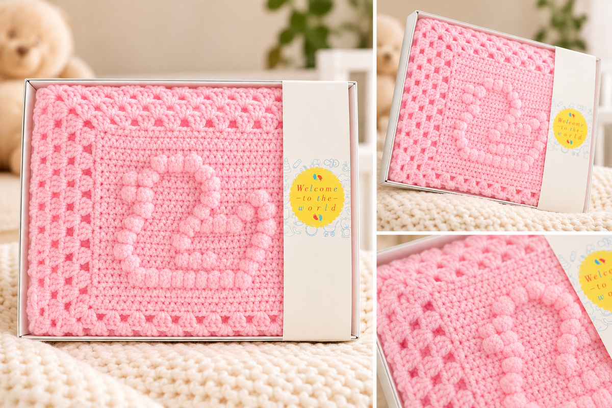 Pink Duck Handmade Crochet Baby Blanket, Gift Boxed
