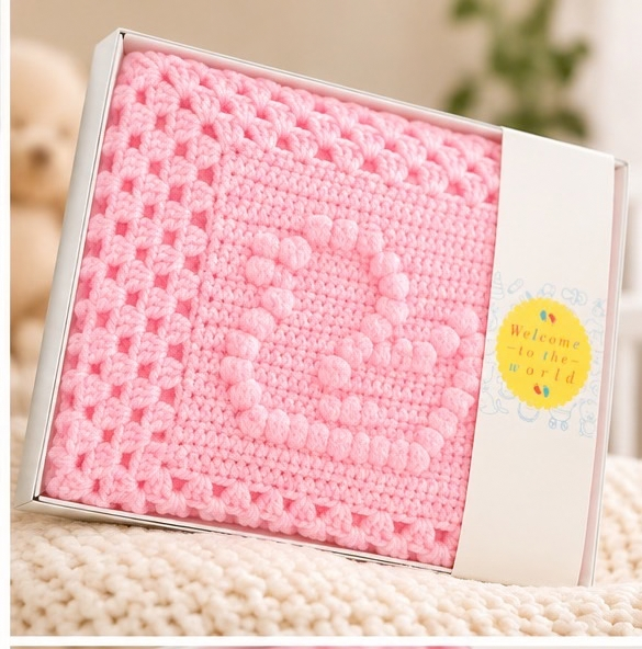 Pink Duck Handmade Crochet Baby Blanket, Gift Boxed
