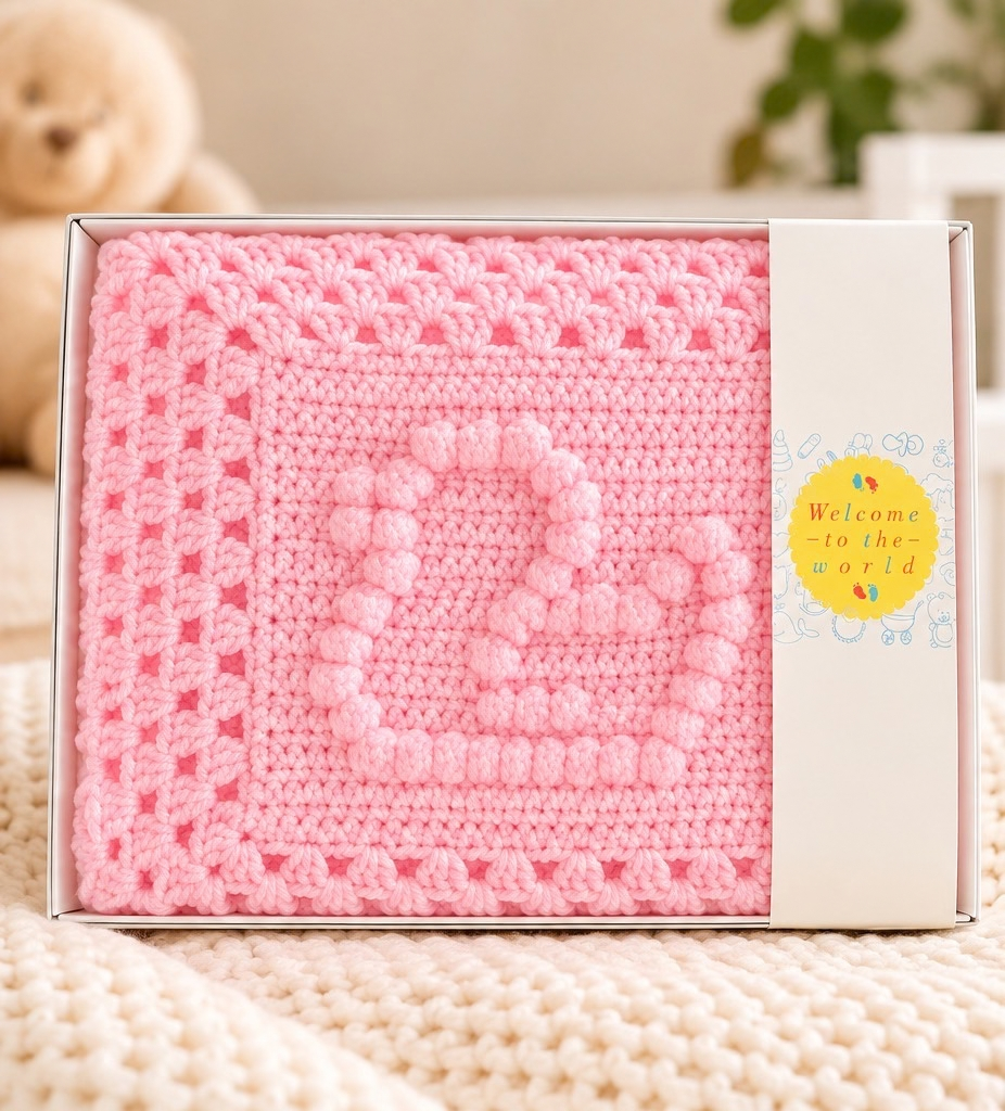 Pink crochet baby blanket with raised duck design in a gift box
