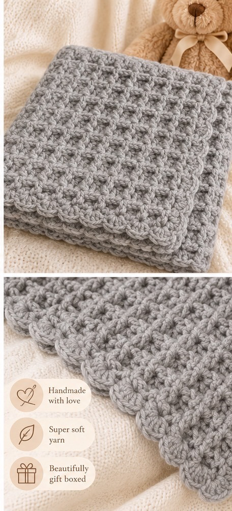 Grey Waffle Handmade Crochet Baby Blanket | Crochelle Creations UK