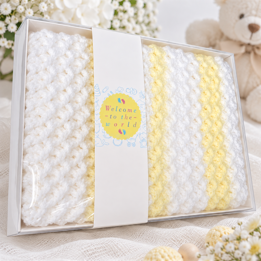 Yellow and White Handmade Crochet Baby Blanket, Gift Boxed