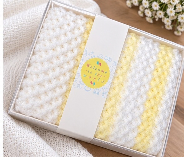 Yellow and White Handmade Crochet Baby Blanket, Gift Boxed