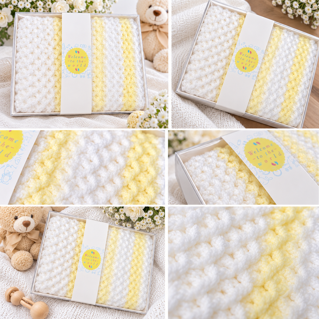 Yellow and White Handmade Crochet Baby Blanket, Gift Boxed
